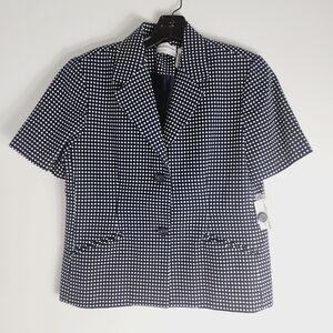 Nwt Alfred Dunner Petite 2 Buttons Short Sleeves Polkadot Blazer Navy White